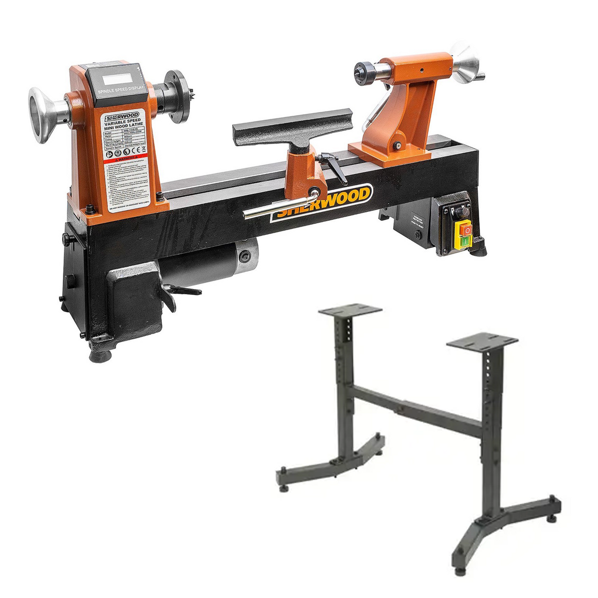 Sherwood Mini Wood Lathe with Stand 305mm Swing 550W Variable Speed on a white background