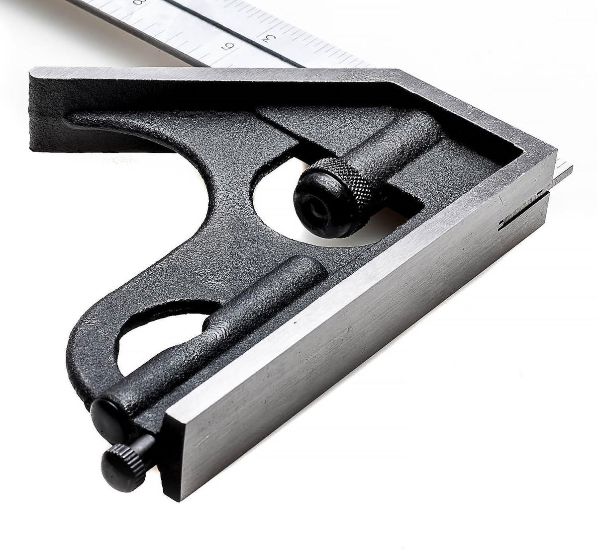 iGaging Four Piece Combination Square Set with Ruler, Try Square, Protractor & Centre Head in close-up view showing detailed markings on the blade