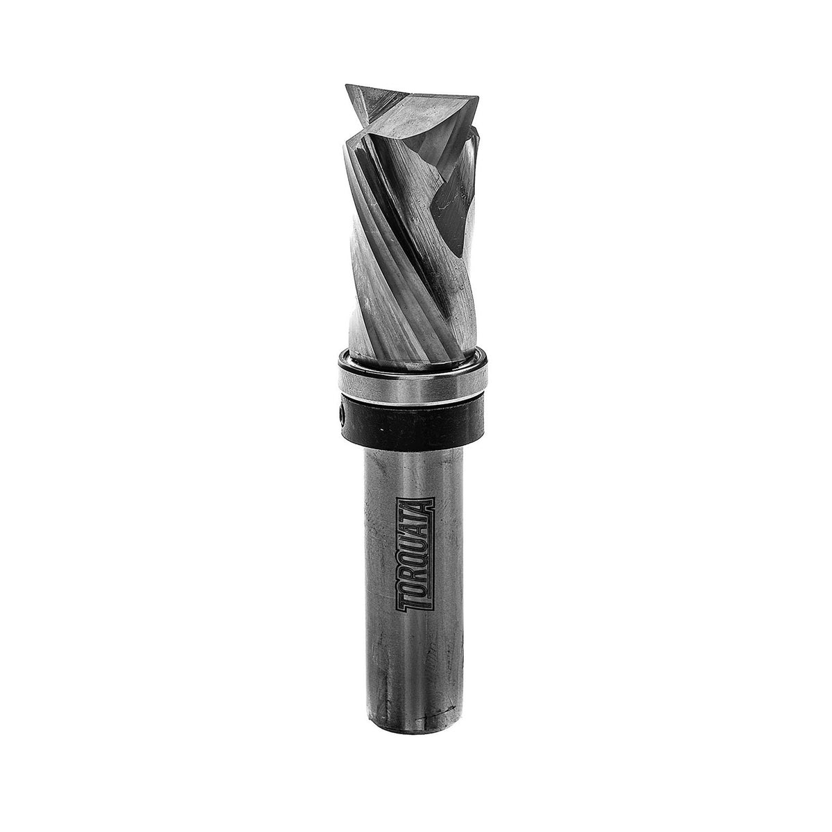 Torquata 1/2in Shank Flush Trim Spiral Compression Router Bit in action on wood surface