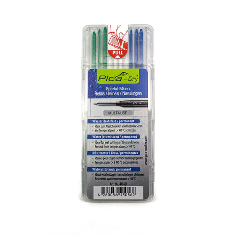 Pica Mix of 8 Water Resistant Lead Refills for Dry Pencil - Assorted blue, white, and green leads for various surfaces