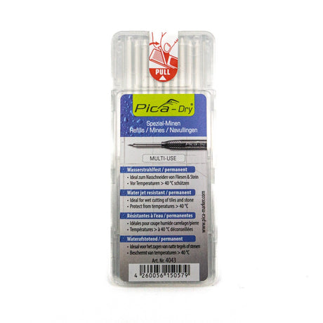Pica Pack of 8 White Water Resistant Lead Refills for Dry Automatic Pencil on a wooden surface