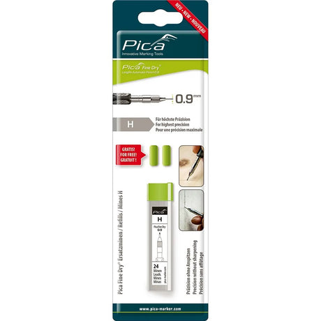Pica Pack of 24 H Lead Refills for Dry Fine Automatic Pencil - Detail view of graphite lead refills in packaging