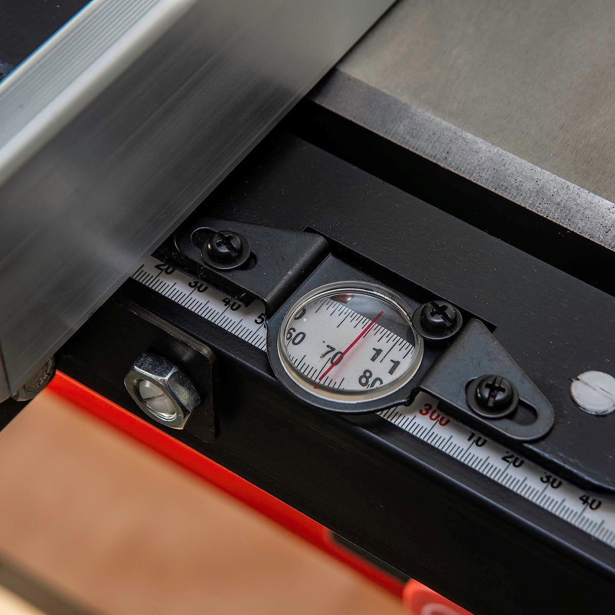 Sherwood 12in Heavy-Duty Table Saw with Panel Attachment, Dado Kit and Dust Guard in use with precise cutting angle