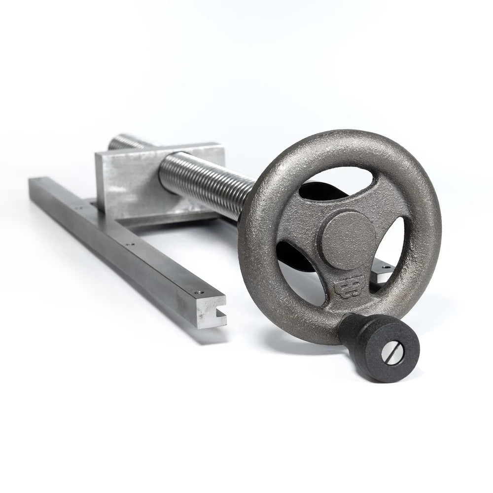 Benchcrafted Hand Wheel Tail Vice with Cast Finish, angled view showcasing intricate cast detail