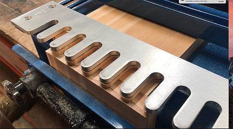 Baladonia 1/2in Half-Blind Dovetail Template for 12in Dovetail Jig in action with wood piece