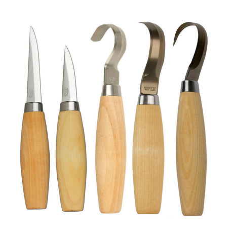 Set of 5 spoon carving knives sheathed, Australian woodworking tools