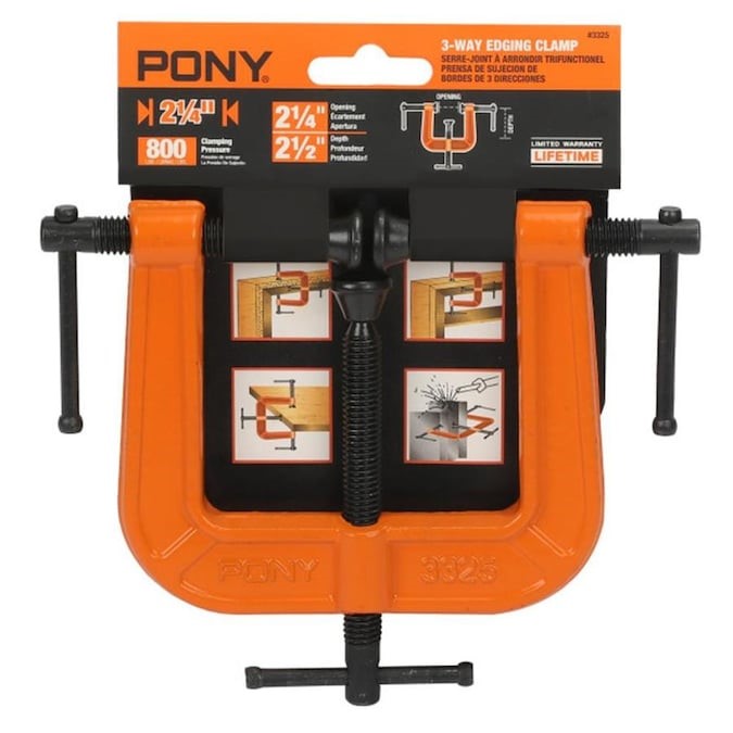Pony Jorgensen 3-way edging clamp showing ribbed ductile iron frame for edge banding applications