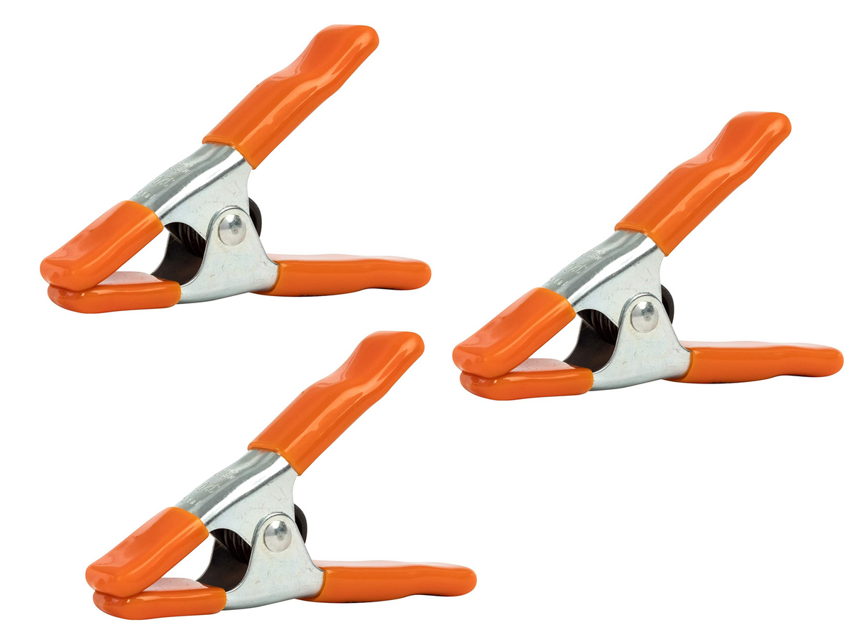 Pony Jorgensen Set of 3 Metal Spring Clamps 25mm Capacity with Non-Marring Protectors in use on woodwork project