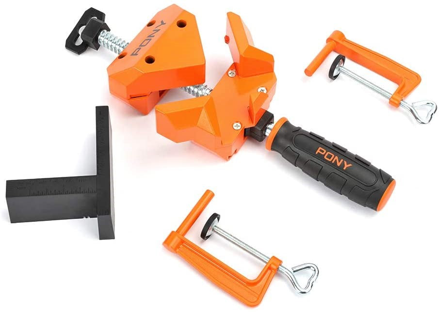 Pony Jorgensen set of 4 angle clamps with table clamps, ideal for framing and cabinet assembly, featuring plastic-coated die-cast jaws for surface protection