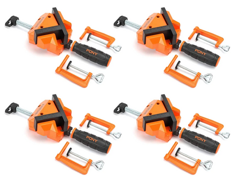 Pony Jorgensen Set of 4 Angle Clamps with Table Clamps, ideal for precise woodworking assembly