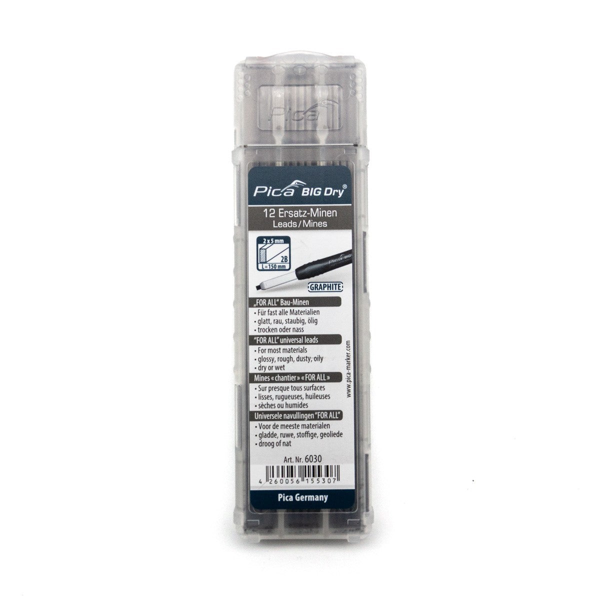 Pica Graphite 2B Lead Refills 12-pack for Big Dry Construction Pencil, suitable for various surfaces and water soluble