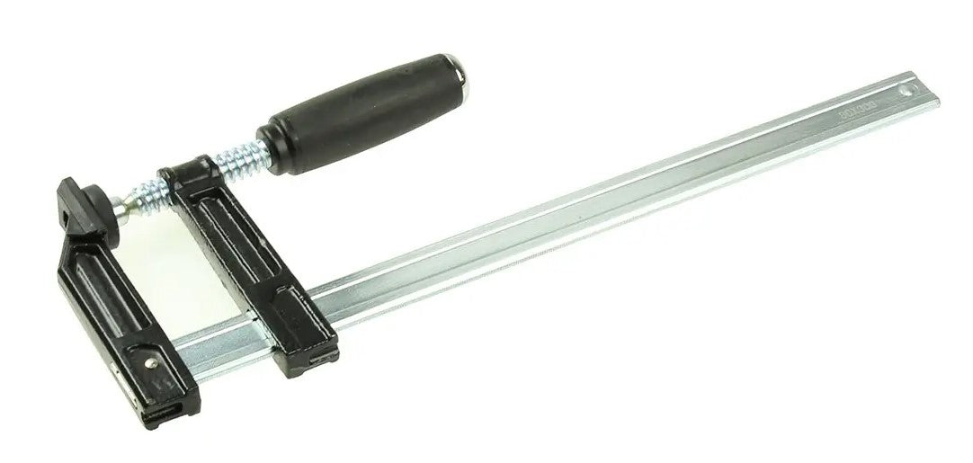 Torquata Quick Action F Clamp 80mm Jaw 300mm Capacity in use on workbench