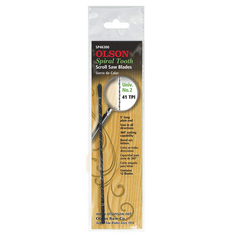 Olson Spiral Scroll Saw Blade 41TPI UN 2 Pinless in action, making precise cuts effortlessly