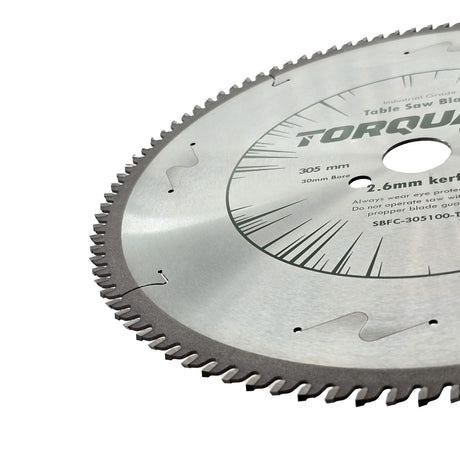 Torquata 305mm thin kerf fine crosscut circular saw blade in use on wood