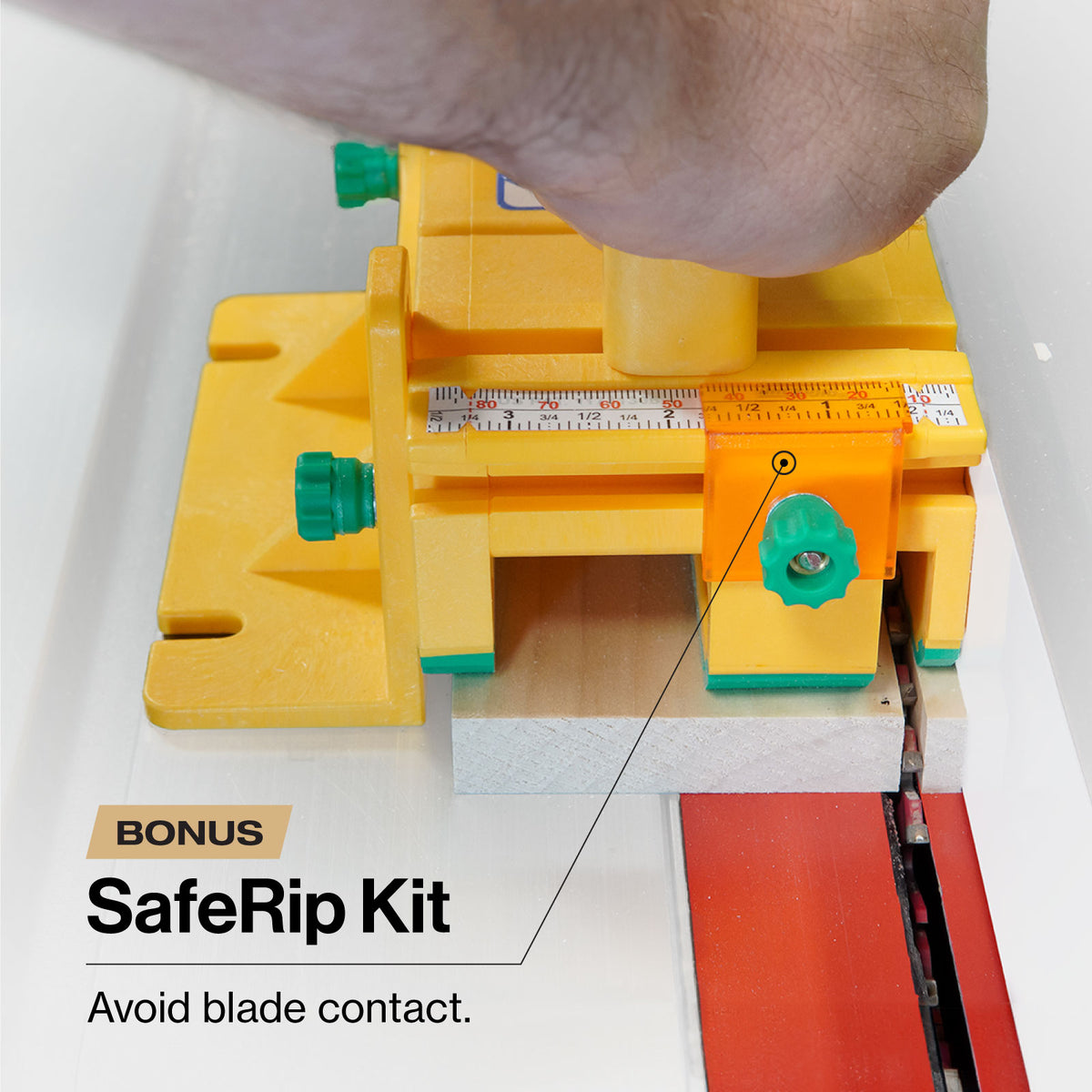 MicroJig GRR-Ripper+ 3D Push Block in use for precise and safe woodworking cuts