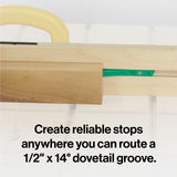 Microjig Matchfit Pop-stop for Dovetail Tracks, 14-degree by 1/2" grooves compatibility, retractable design in use