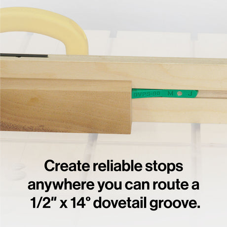 Microjig Matchfit Pop-stop for Dovetail Tracks, 14-degree by 1/2" grooves compatibility, retractable design in use