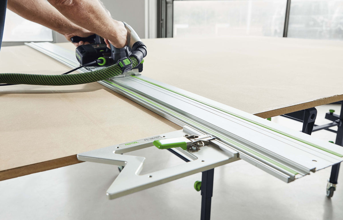 Festool FS 90 Degree Guide Rail Square application showing precise perpendicular cuts with aluminium stop