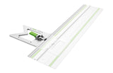 Festool FS 90 Degree Guide Rail Square attached to FS Guide Rail, showing precise aluminium stop for perpendicular cuts
