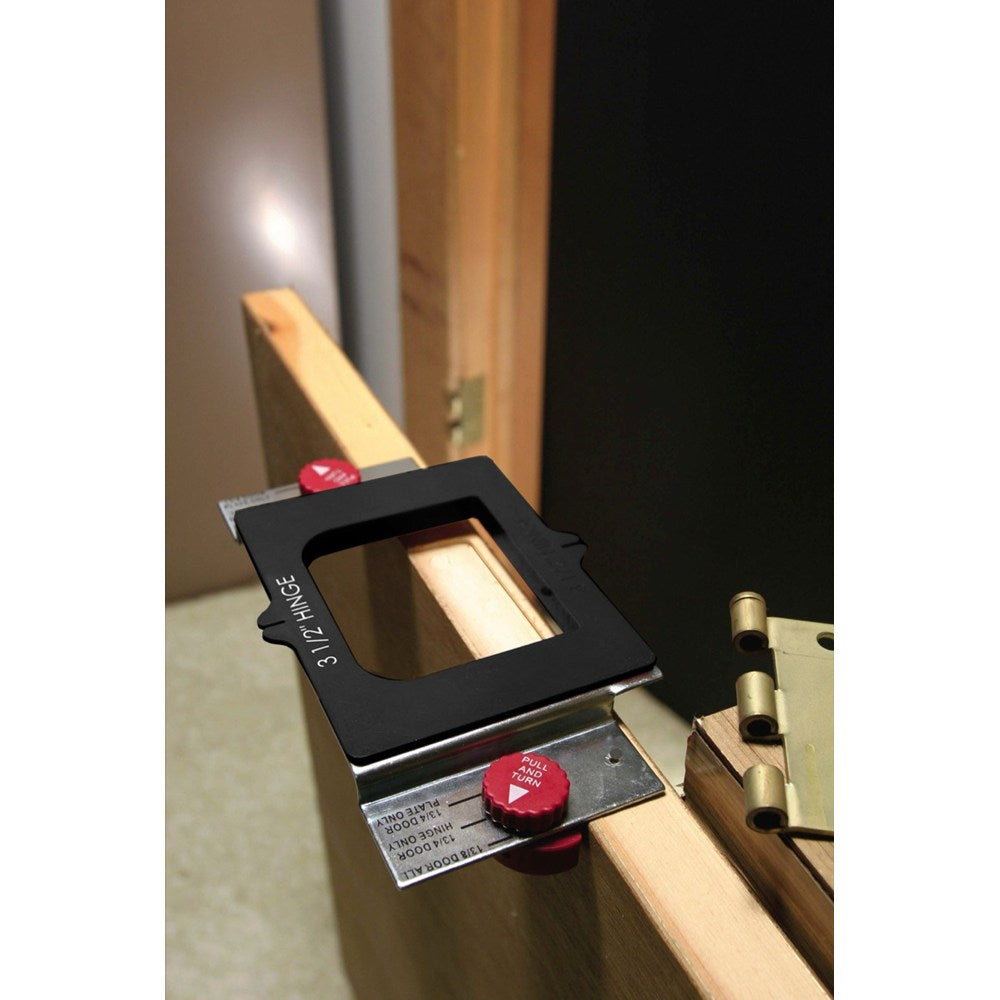 Milescraft Door Hinge Morticing Set in action, showing precise router bit cutting for door hinge mortices
