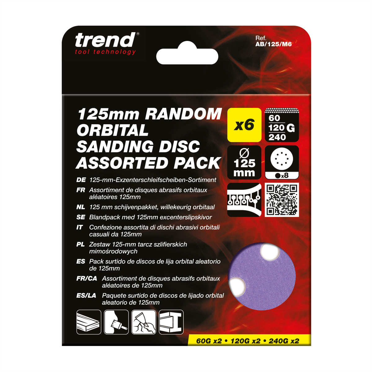 Trend Random Orbital Sanding Discs 125mm 60G/120G/240G Pack of 6