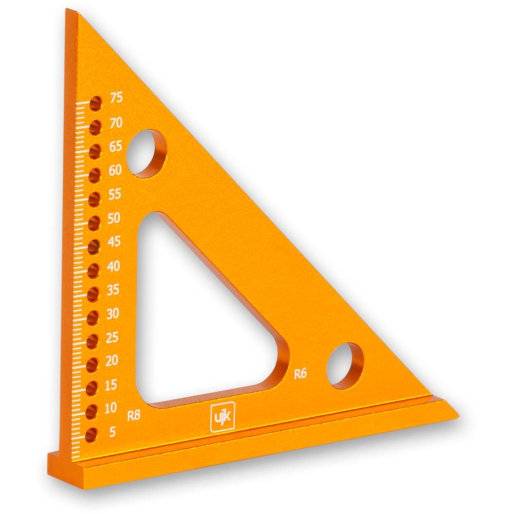 Compact Speed Squares 75mm & 125mm in anodised aluminium, ideal for precise woodworking measurements