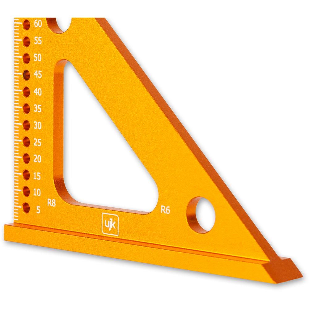 Compact Speed Squares 75mm & 125mm with Marking Holes, Anodised Aluminium, angled view, woodworker's essential tool