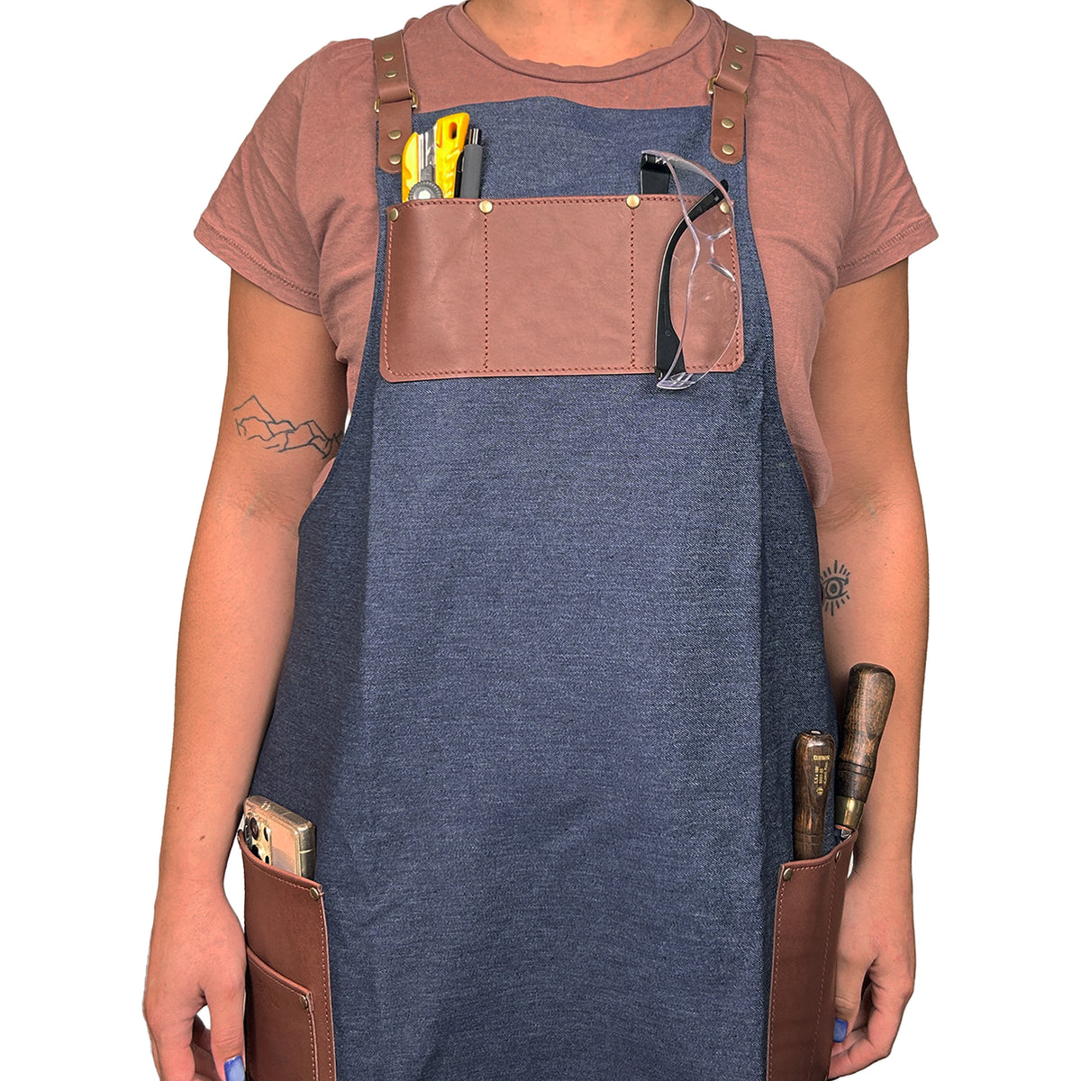 En Mina Carvers Apron 3 Pockets Denim & Tan Leather