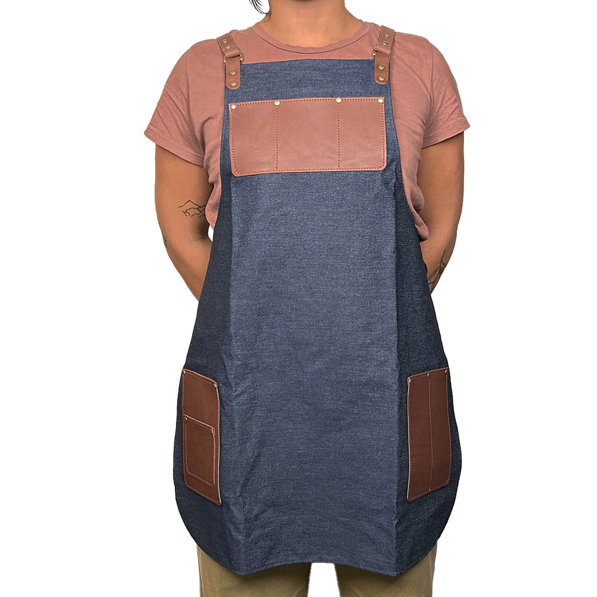En Mina Carvers Apron 3 Pockets Denim & Tan Leather