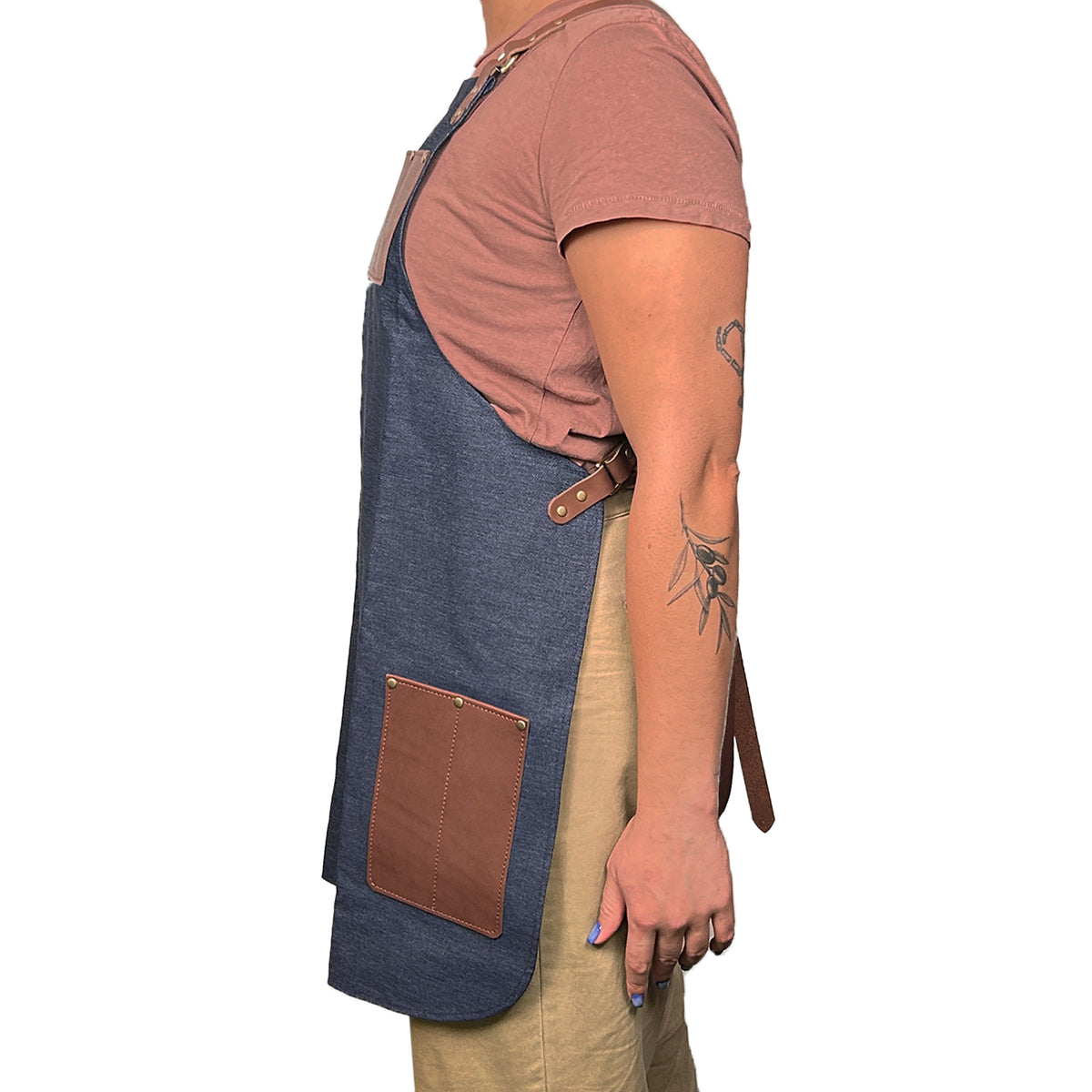 En Mina Carvers Apron 3 Pockets Denim & Tan Leather