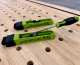 Bow Products Low Profile Clamping Kit in use on a woodworking bench with a detailed view of its edge workholding capabilities