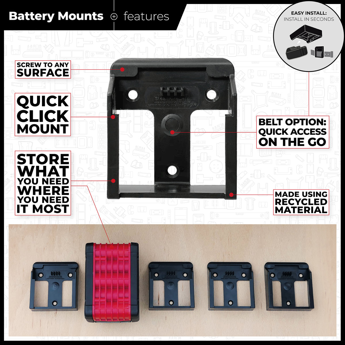 StealthMounts Bosch Battery Mounts 18V Pack of 6 Blue