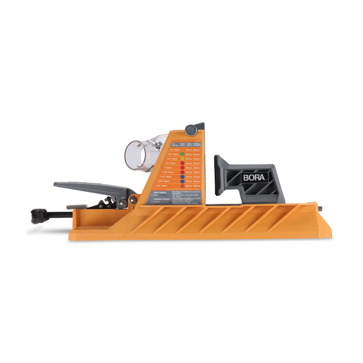 Self-adjusting BORA Tool Auto-Jig for precise pocket hole drilling on benchtop