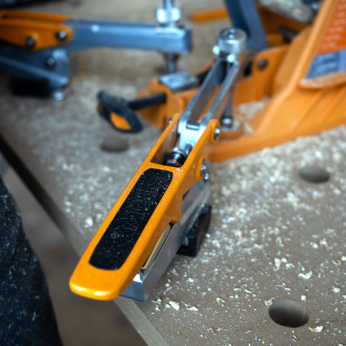 BORA Tool Auto Jig Benchtop Pocket Hole Jig in use on a wooden piece