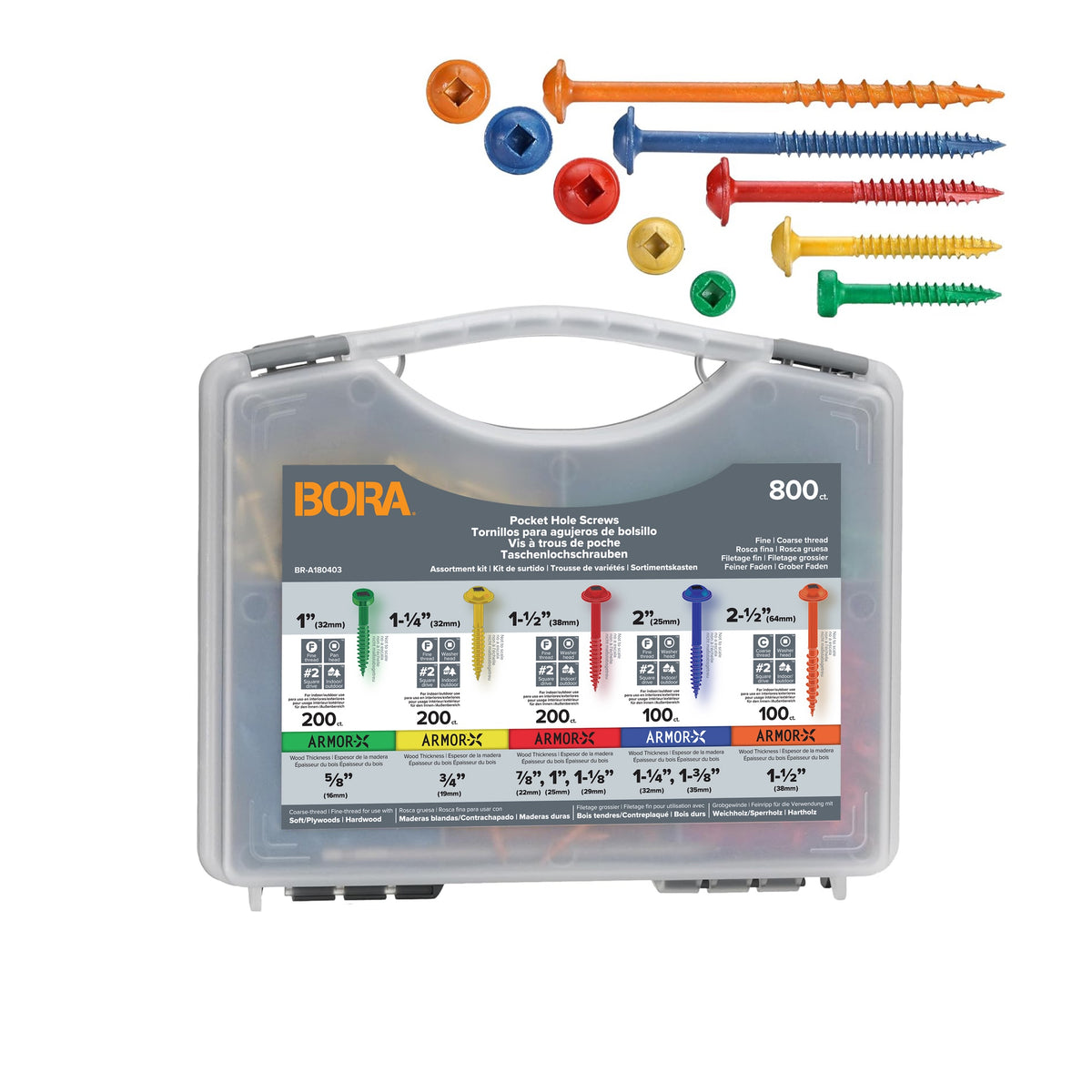 BORA Tool Fine Pocket Wood Screws SQD Assorted Lengths Box of 800, colour-coded for easy selection on hardwood projects