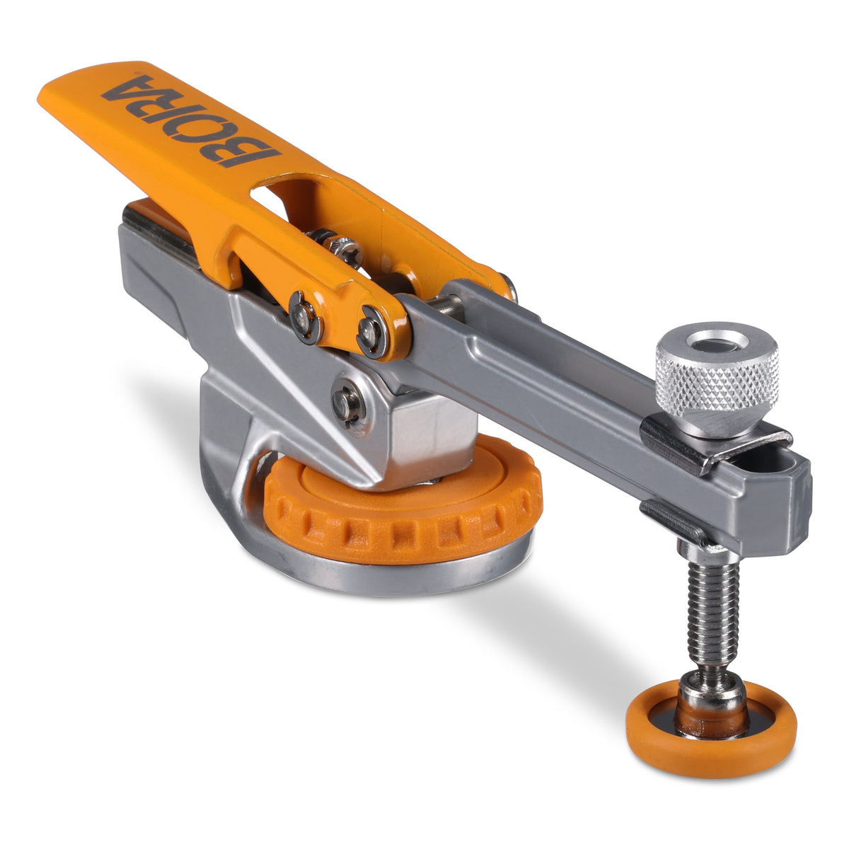 BORA Tool Auto Adjust T-Track Standard Toggle Clamp showing 75mm reach and 5/16in T-Bolt compatibility