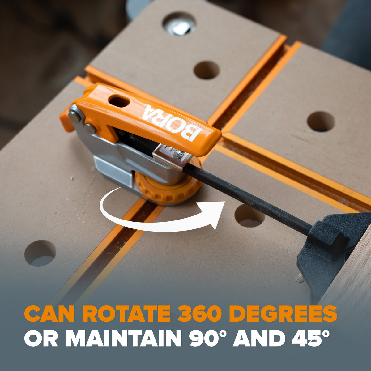 BORA Tool Auto Adjust Inline T-Track Toggle Clamp in use on woodworking project