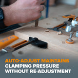 BORA Tool Auto Adjust Inline T-Track Toggle Clamp 90mm Travel in use on woodworking project
