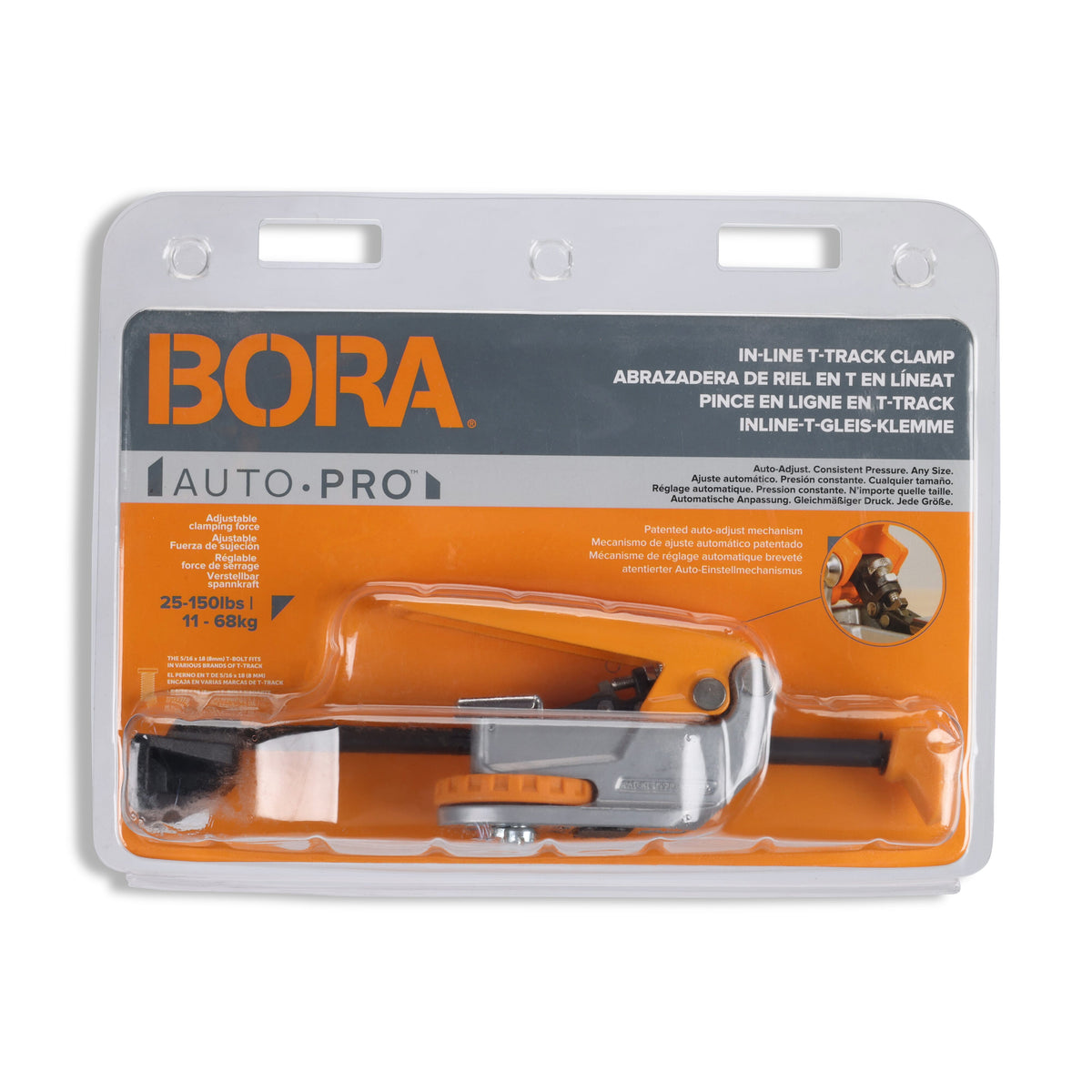 BORA Tool Auto Adjust Inline T-Track Toggle Clamp in use on woodworking project