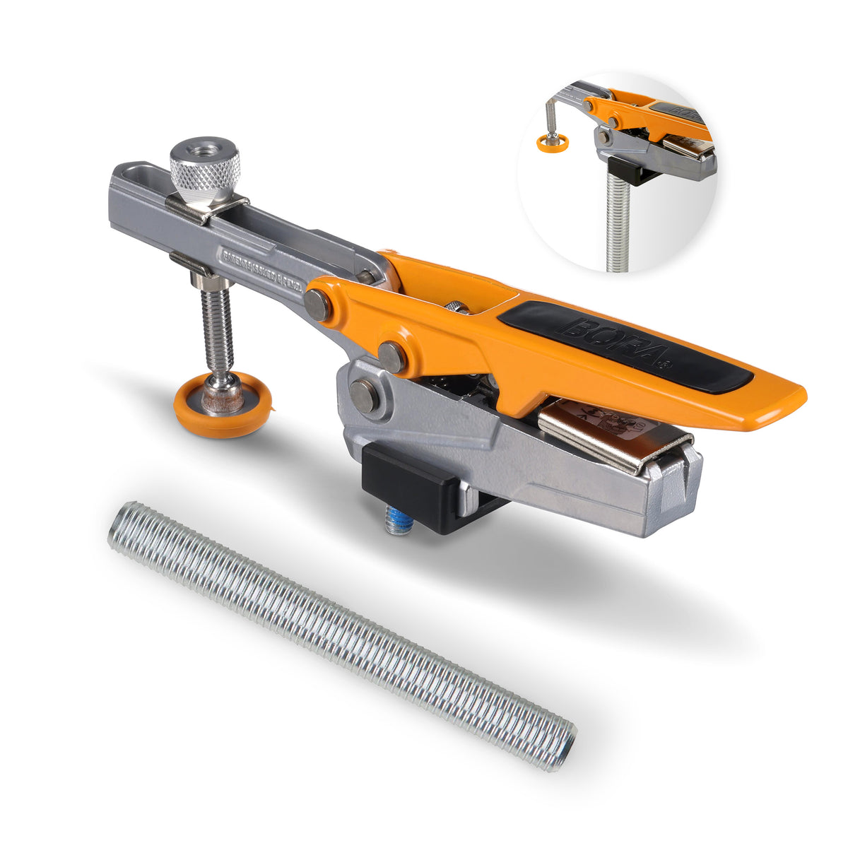 BORA Tool Dog Hole Auto Adjust Toggle Clamp showing secure grip on 19mm bench dog post