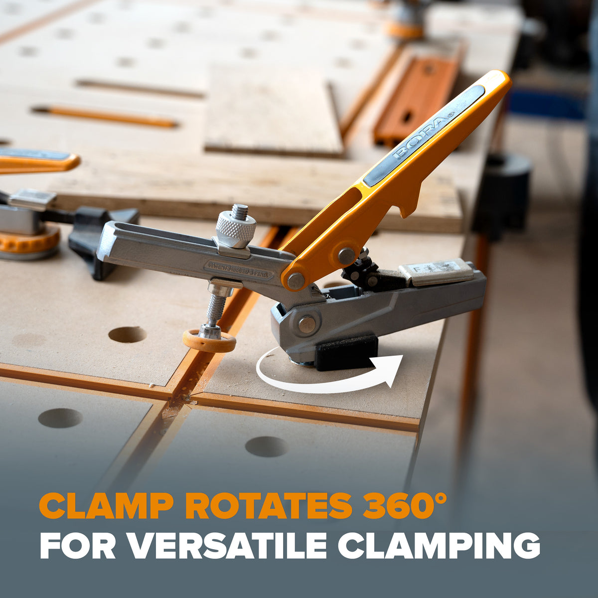 Toggle Clamp securely grips 19mm bench dog post in Australian woodworking tool image