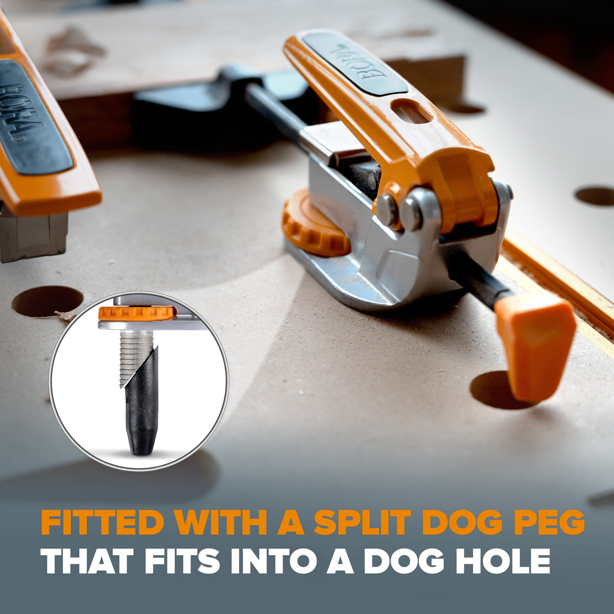 BORA Tool Dog Hole Auto Adjust Inline Toggle Clamp in action on workbench
