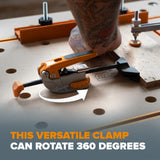 BORA Tool Dog Hole Auto Adjust Inline Toggle Clamp in action on Australian woodworking workbench