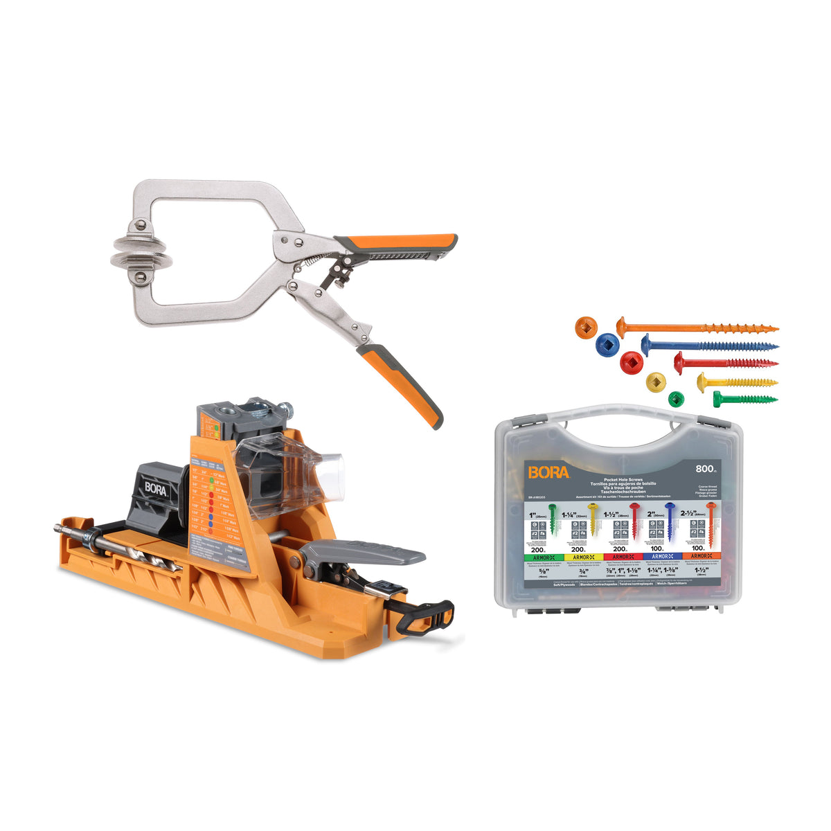 BORA tool product bundle with pocket hole jig, 800 piece screw set and face frame clamp