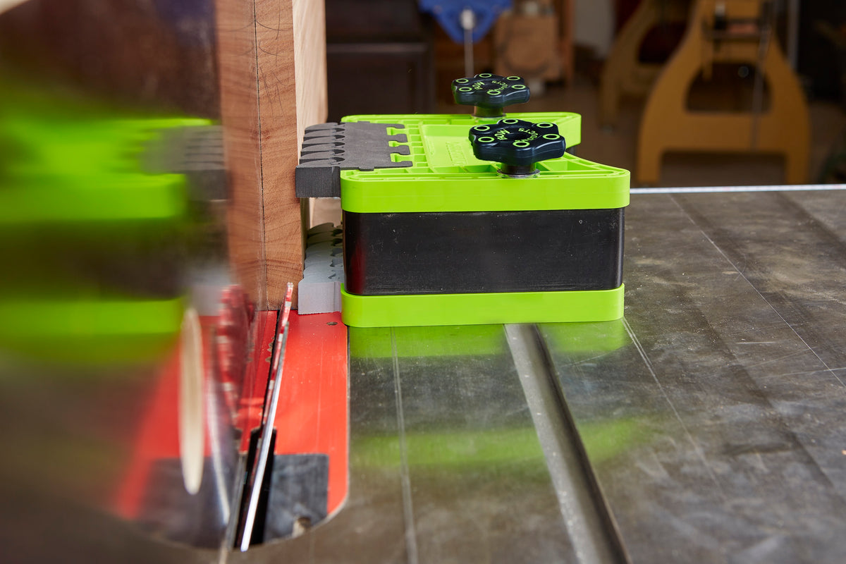 BOW Products FeatherDUO Featherboard Safety System Twin Pack Stackable in use with table saw