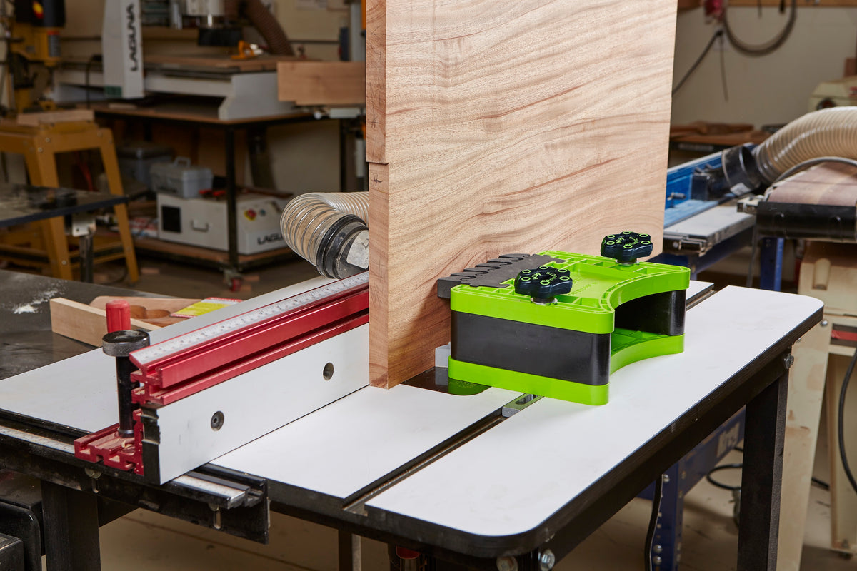 BOW Products FeatherDUO stackable featherboard system for tall material feeding on woodworking tools