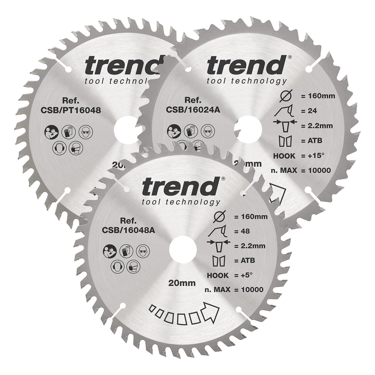 Trend 3-Piece 160mm x 20mm x 24/48T Wood Circular Saw Blade Set