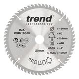 Trend 160mm x 20mm x 60T Fine Cut Off Circular Saw Blade