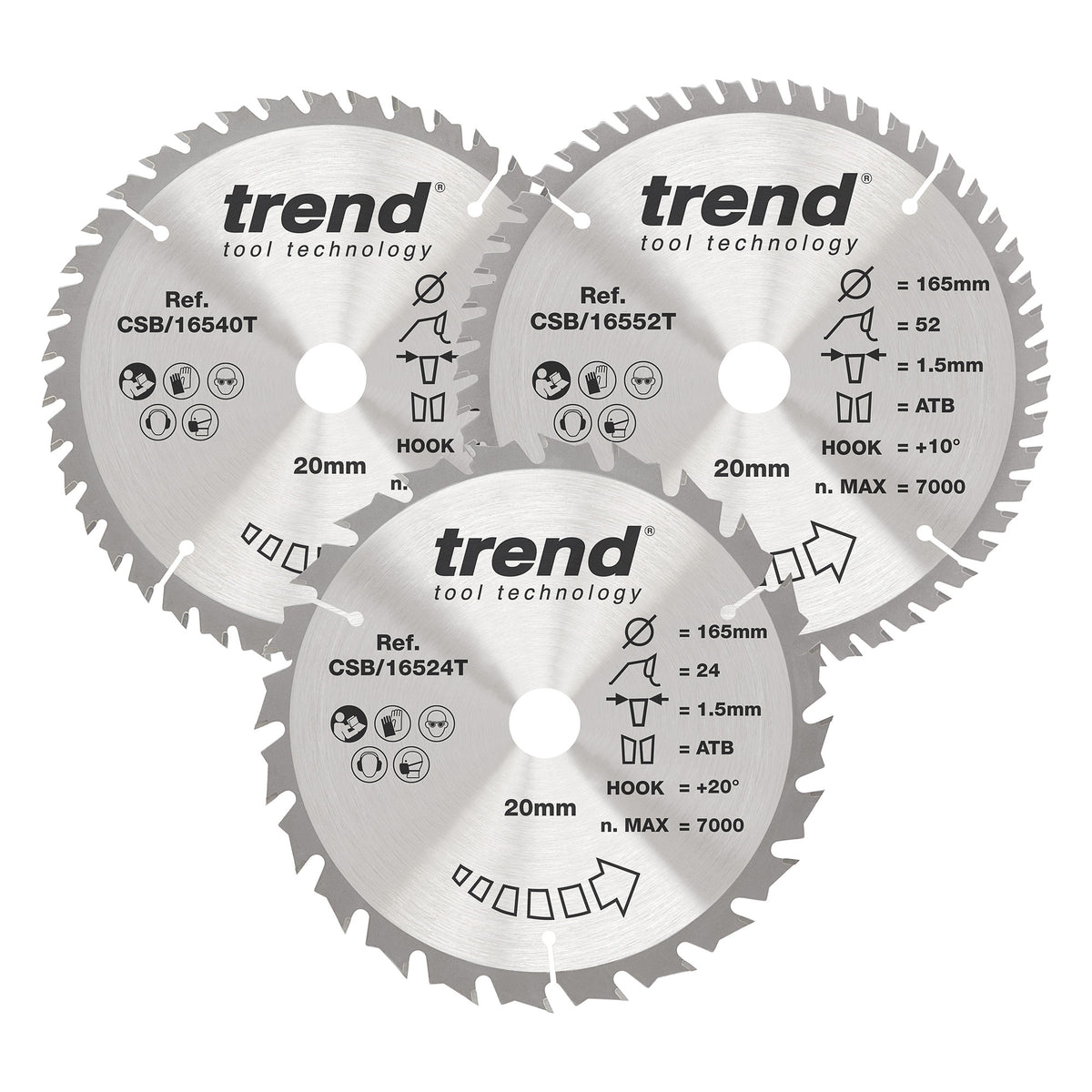 Trend 3-Piece 165mm x 20mm x 24/40/52T Wood Cordless Circular Saw Blade Set