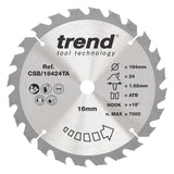 Trend 184mm x 16mm x 24T Thin Kerf Ripping Cordless Circular Saw Blade